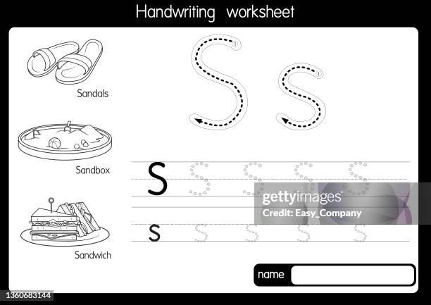 black and white vector illustration of with alphabet letter s upper case or capital letter for children learning practice abc - open faced sandwich stock illustrations