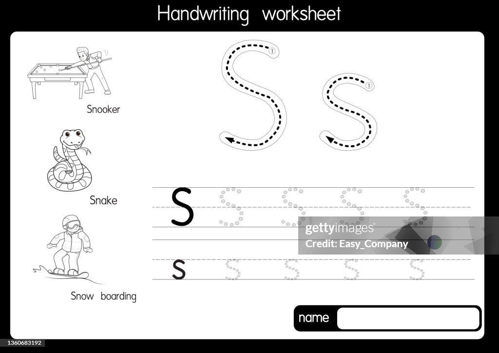 Black and white vector illustration of with alphabet letter S Upper case or capital letter for children learning practice ABC