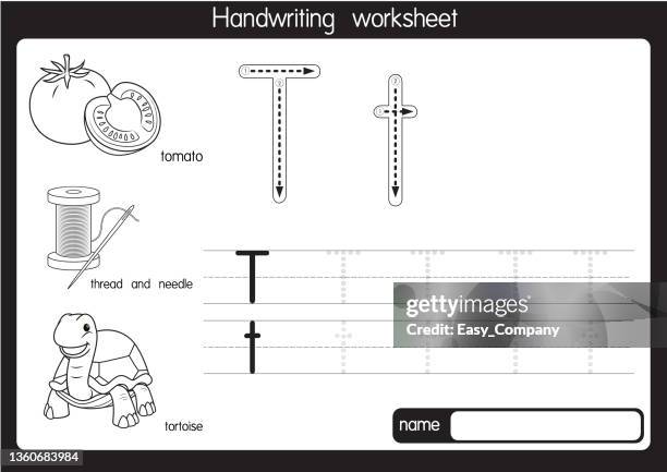 black and white vector illustration of with alphabet letter t upper case or capital letter for children learning practice abc - veggie tales stock illustrations