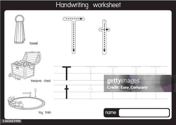 schwarz-weiß-vektorabbildung von mit alphabetbuchstaben t groß- oder großbuchstaben für kinder lernübung abc - lettre t stock-grafiken, -clipart, -cartoons und -symbole