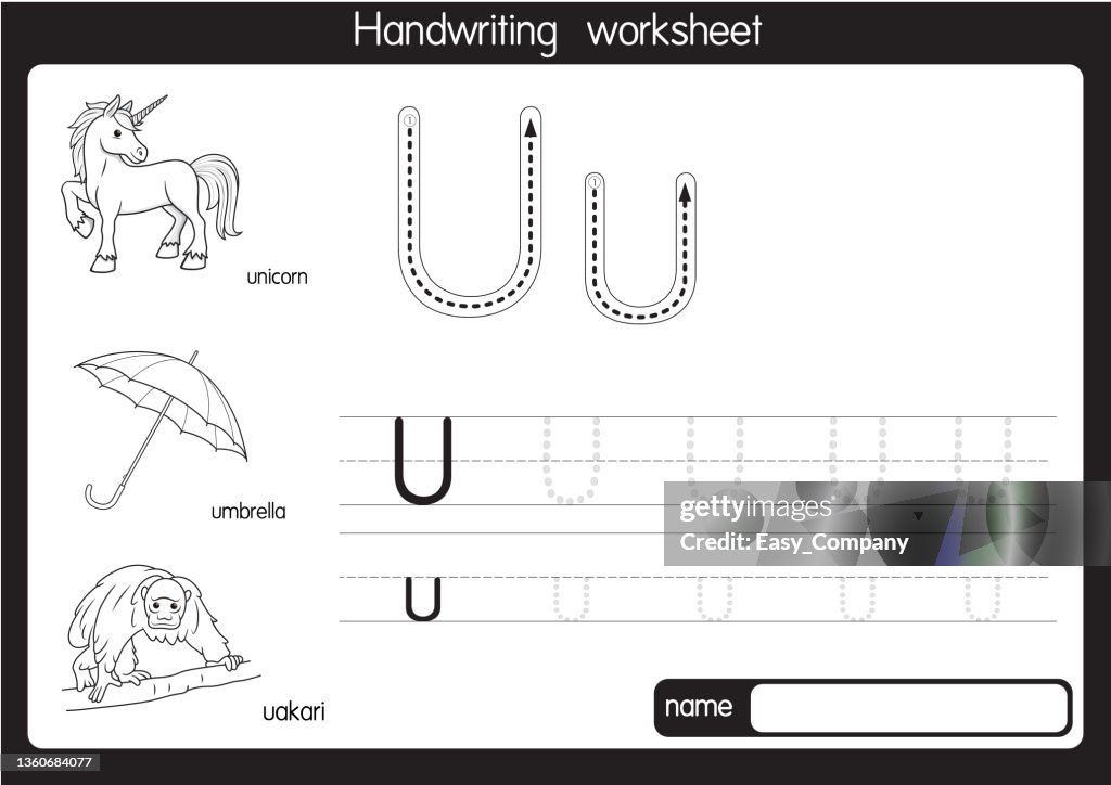 Vector illustration of Unicorn with alphabet letter U Upper case or capital letter for children learning practice ABC