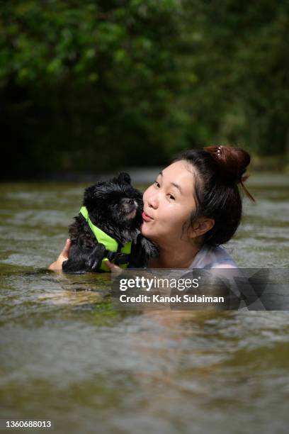 asian woman with her dog in the river - dog swimming stock pictures, royalty-free photos & images