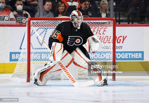 Martin Jones of the Philadelphia Flyers tends goal against the Ottawa Senators at the Wells Fargo Center on December 18, 2021 in Philadelphia,...