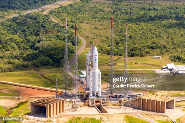 Aerial view of the vector launch area of ​​the Kourou spatiodrome on October 22, 2021 in Kourou, French Guiana. On December 25 the James-Webb...