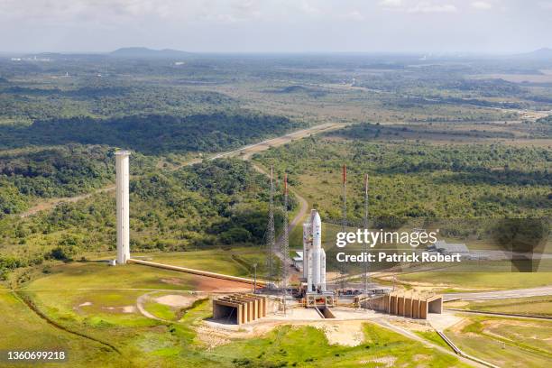 Aerial view of the vector launch area of ​​the Kourou spatiodrome of the European Guyana Space Center with Ariane 5 n ° 255 on its launch pad, six...