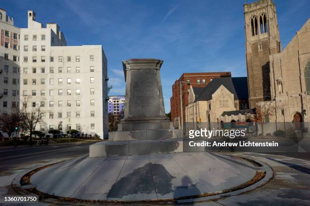An empty pedestal still dominates the traffic circle off of Monument Avenue where the statue of the Civil War confederate calvary general Jeb Stuart...