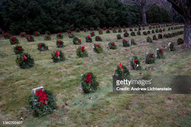 Fresh wreaths placed on the graves of Confederate soldiers after National Wreath Day to honor veterans, decorate the Old City Cemetery Confederate...