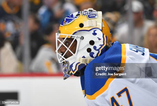 Malcolm Subban of the Buffalo Sabres defends the net against the Pittsburgh Penguins at PPG PAINTS Arena on December 17, 2021 in Pittsburgh,...