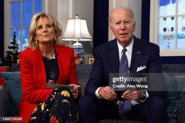 President Joe Biden and first lady Dr. Jill Biden participate in an event to call NORAD and track the path of Santa Claus on Christmas Eve in the...