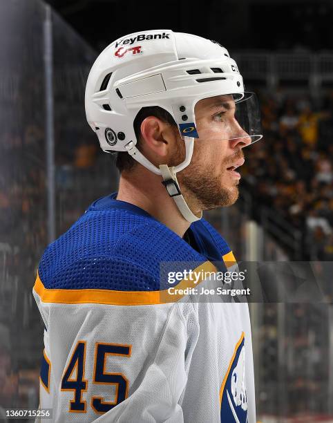 Casey Fitzgerald of the Buffalo Sabres skates against the Pittsburgh Penguins at PPG PAINTS Arena on December 17, 2021 in Pittsburgh, Pennsylvania.