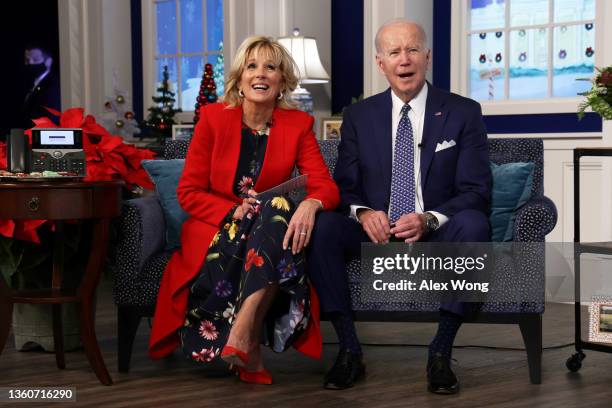 President Joe Biden and first lady Dr. Jill Biden participate in an event to call NORAD and track the path of Santa Claus on Christmas Eve in the...