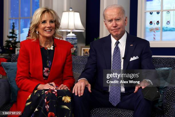 President Joe Biden and first lady Dr. Jill Biden participate in an event to call NORAD and track the path of Santa Claus on Christmas Eve in the...