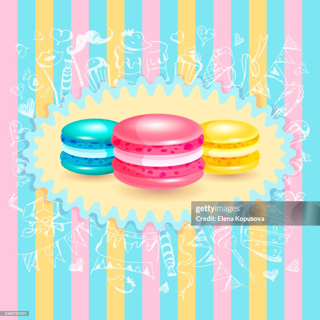 Set of multicolored macarons and hand drawings on a neutral pastel background. Beautiful decorative dough desserts in a cartoon style. Festive illustration in EPS 10 format.