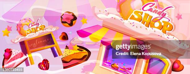 cartoon style candy store and confectionery on a colored abstract background. confectionery concept. creative vector illustration in eps 10 format. - confectioner stock illustrations