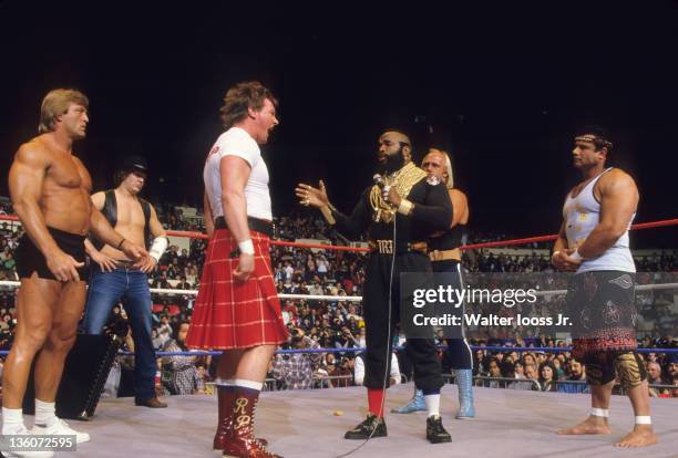 Professional Wrestling: World Wrestling Federation: Mr. T and "Rowdy" Roddy Piper argue as Paul Orndorff, "Cowboy" Bob Orton, Hulk Hogan, and Jimmy...