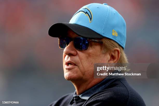 Dean Spanos, owner of the Los Angeles Charges, visits the sidelines before their game against the Denver Broncos at Empower Field At Mile High on...