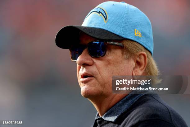 Dean Spanos, owner of the Los Angeles Charges, visits the sidelines before their game against the Denver Broncos at Empower Field At Mile High on...