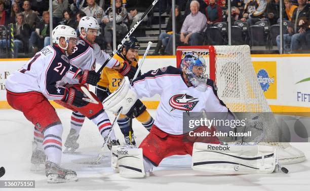 Curtis Sanford of the Columbus Blue Jackets blocks a shot against Jordin Tootoo of the Nashville Predators during an NHL game at the Bridgestone...