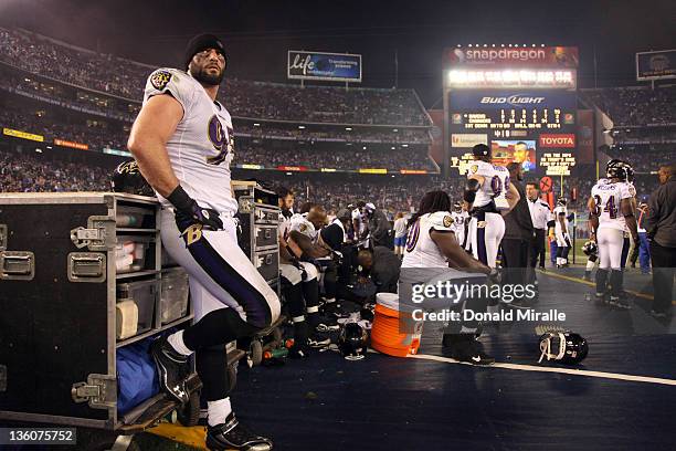 Jarrett Johnson of the Baltimore Ravens looks on from the bench in the final minutes of his team's 34-14 loss to the San Diego Chargers during their...