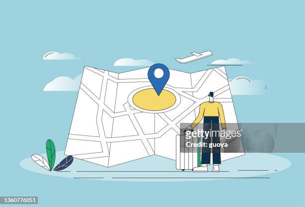 illustrations, cliparts, dessins animés et icônes de les hommes d’affaires voyagent, en voyage d’affaires, en regardant la carte. - satellite view