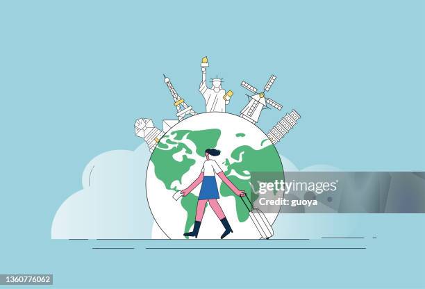 woman travels all over the world. - kinderdijk stock illustrations