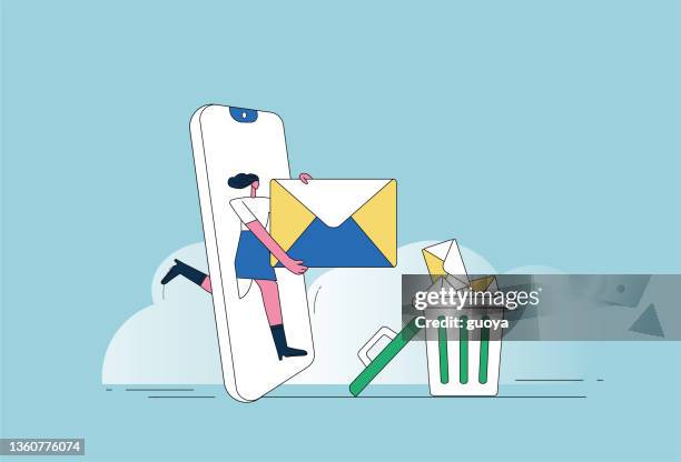 stockillustraties, clipart, cartoons en iconen met female white-collar workers delete mobile phone spam. - verwijderen