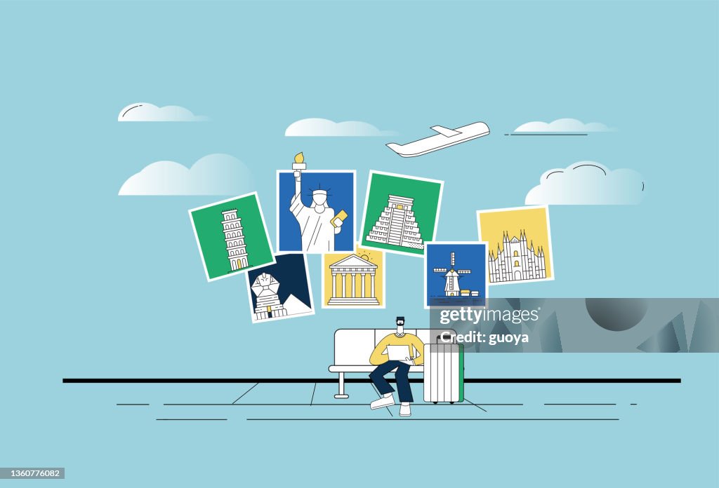 El hombre busca las vistas de los viajes por el mundo.