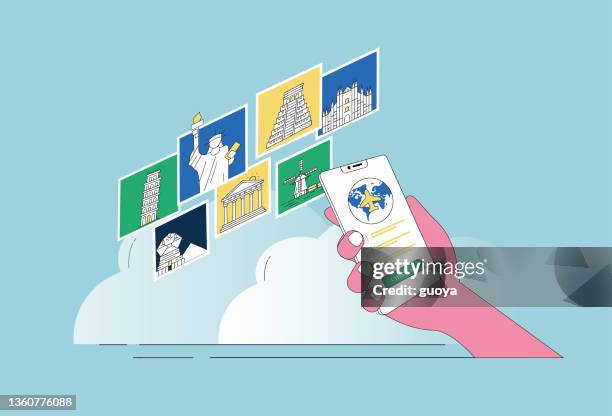 use your mobile phone to order air tickets to foreign tourist attractions. - kinderdijk stock illustrations