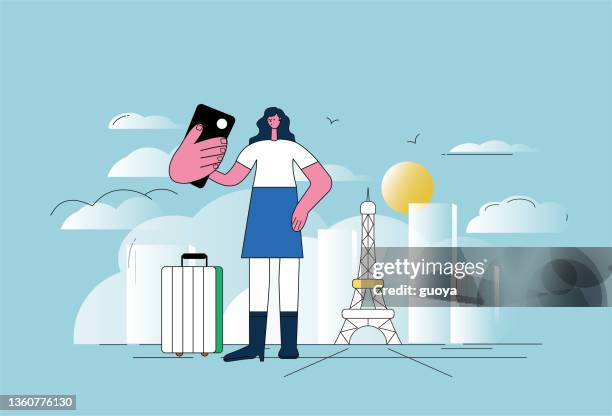female white-collar workers take a selfie of the eiffel tower in paris with their mobile phones. - using smart phone outside stock illustrations
