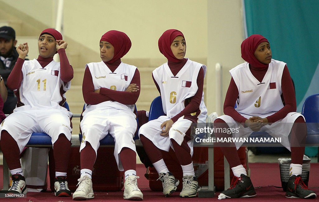 Qatari players wearing Islamic sportswea