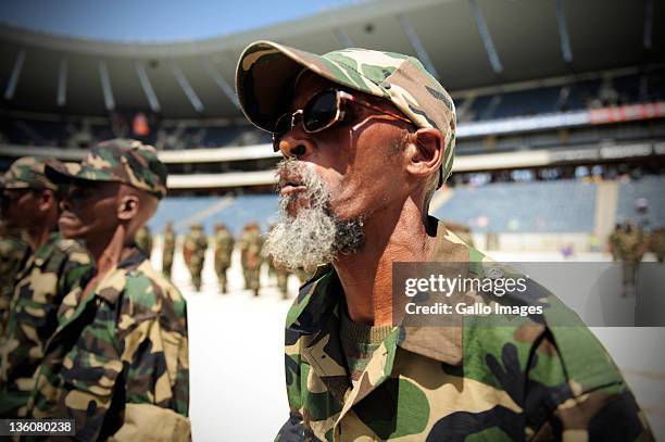 Military parade marking the 50th anniversary celebrations of the founding of the ANC's armed wing 'Umkhonto we Sizwe' takes place at Orlando Stadium...