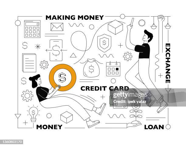 banking money. investment, happy customers and manager flat vector illustration - credit report stock illustrations