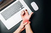 Carpal tunnel syndrome. Hand pain in man injury wrist. Arthritis office syndrome is consequence of computer. Health care and medical concept.