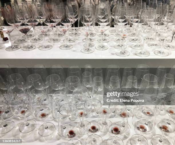 full frame empty wine glasses after wine tasting party - empty glasses after party stock pictures, royalty-free photos & images