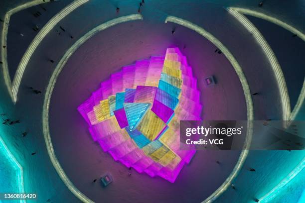 Aerial view of tourists visiting the 23rd Harbin Ice and Snow World on the opening day on December 25, 2021 in Harbin, Heilongjiang Province of China.