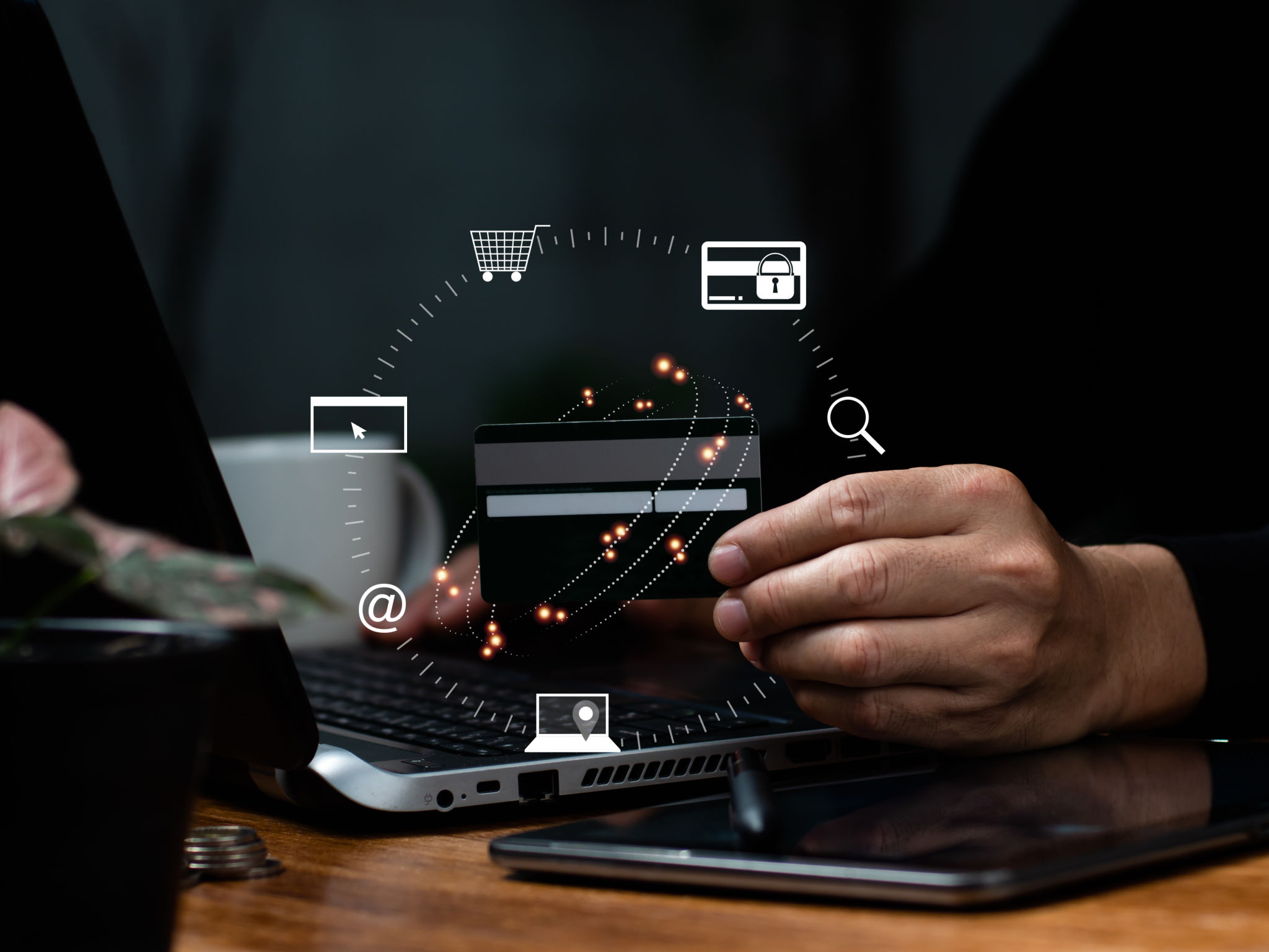 Using wallet app technology, you may make an online payment. The man uses an online program to pay and shop. The notion of digital money transmission, banking, and e-commerce. Using wallet app technology, you may make an online payment. The man uses an online program to pay and shop. The notion of digital money transmission, banking, and e-commerce.