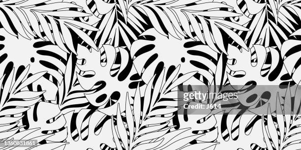 ilustraciones, imágenes clip art, dibujos animados e iconos de stock de patrón tropical sin costuras: blanco y negro - tropical pattern