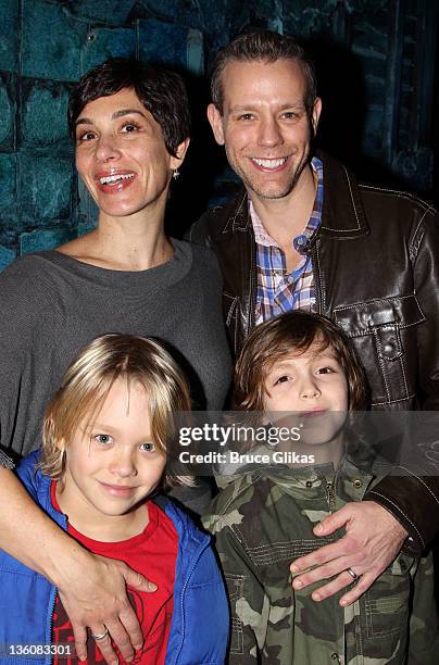 Cybele Chivian Pascal, husband Adam Pascal and sons Lennon and Montgomery pose backstage at the hit musical "Memphis" on Broadway at The Shubert...