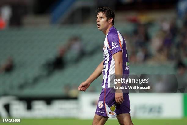 Josh Mitchell of the Glory leaves the field after being shown the red card during the round 12 A-League match between the Perth Glory and the Central...