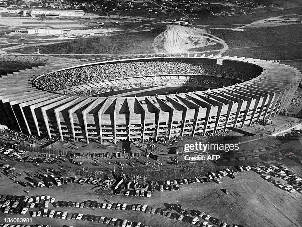 Picture taken in 1960 of the Governador Magalhaes Pinto football stadium under construction in Belo Horizonte, Brazil. The Mineirao stadium wants to...