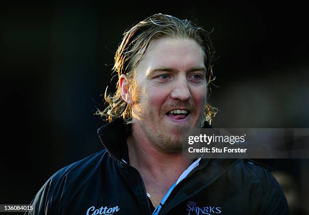 Sharks forward Andy Powell looks on during the Amlin Challenge Cup match between Sale Sharks and Agen at Edgeley Park on December 18, 2011 in...