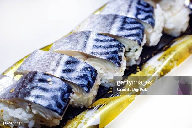 shime saba (cured mackerel) sushi bento - saba mackerel stock pictures, royalty-free photos & images