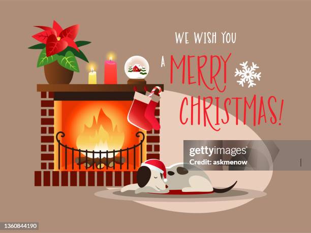 christmas fire place with a sleeping dog - fireplace background stock illustrations