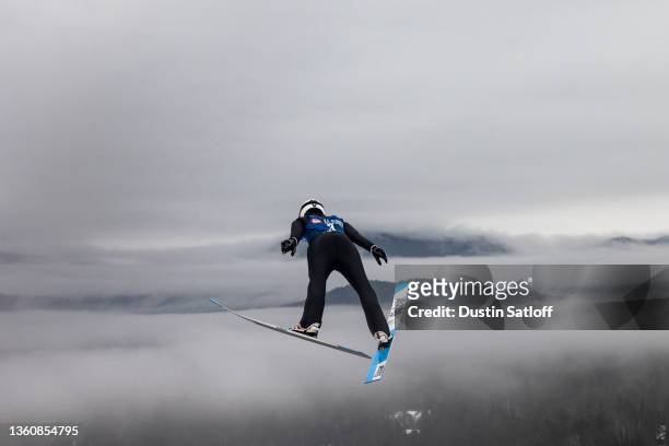 Erik Belshaw of the United States jumps during the second round of the ski jumping competition at the U.S. Nordic Combined & Ski Jump Olympic Trials...