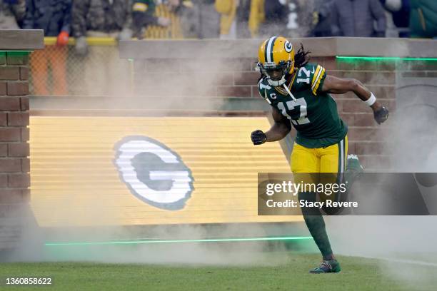 Davante Adams of the Green Bay Packers is introduced before the game against the Cleveland Browns at Lambeau Field on December 25, 2021 in Green Bay,...