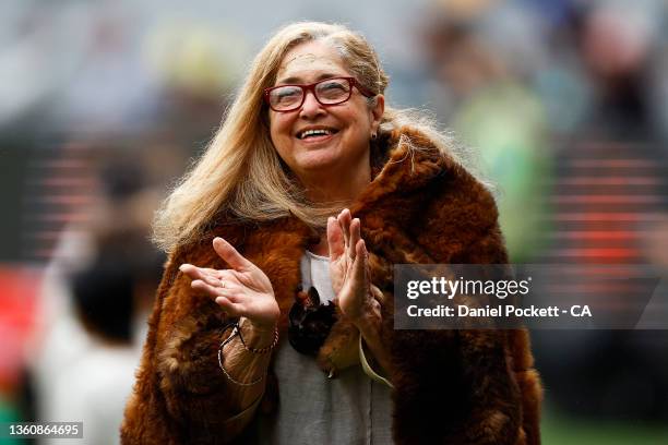 Aunty Joy Murphy Wandin, senior Wurundjeri elder of the Kulin Nation, cheers during the smoke ceremony during day one of the Third Test match in the...