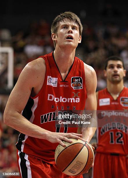Cameron Tovey of the Wildcats shoots a free throw during the round 12 NBL match between the Perth Wildcats and the New Zealand Breakers at Challenge...