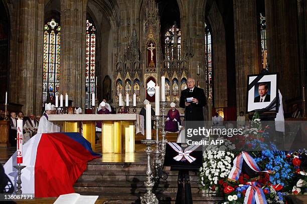 Czech President Vaclav Klaus delivers a speech during the state funeral of former Czech President Vaclav Havel at the St. Vitus Cathedral in Prague,...