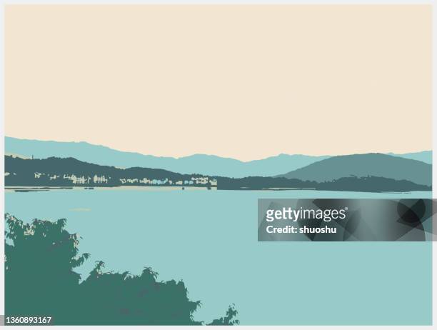 stockillustraties, clipart, cartoons en iconen met color woodcut style nature landscape background,lake with mountain - plas