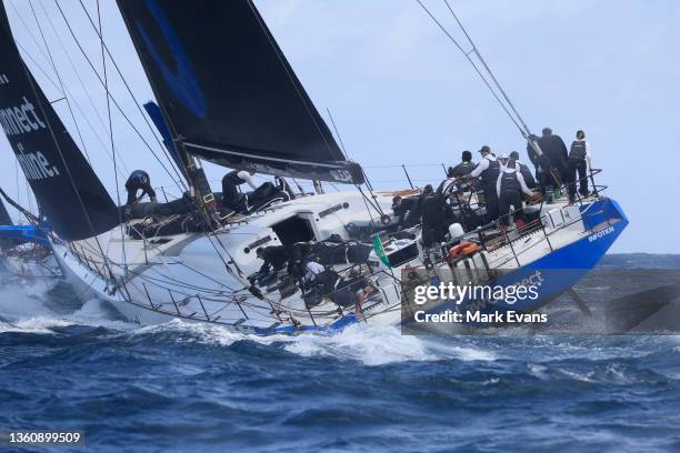 LawConnect sails out of the heads during the 2021 Sydney to Hobart race start on Sydney Harbour on December 26, 2021 in Sydney, Australia.